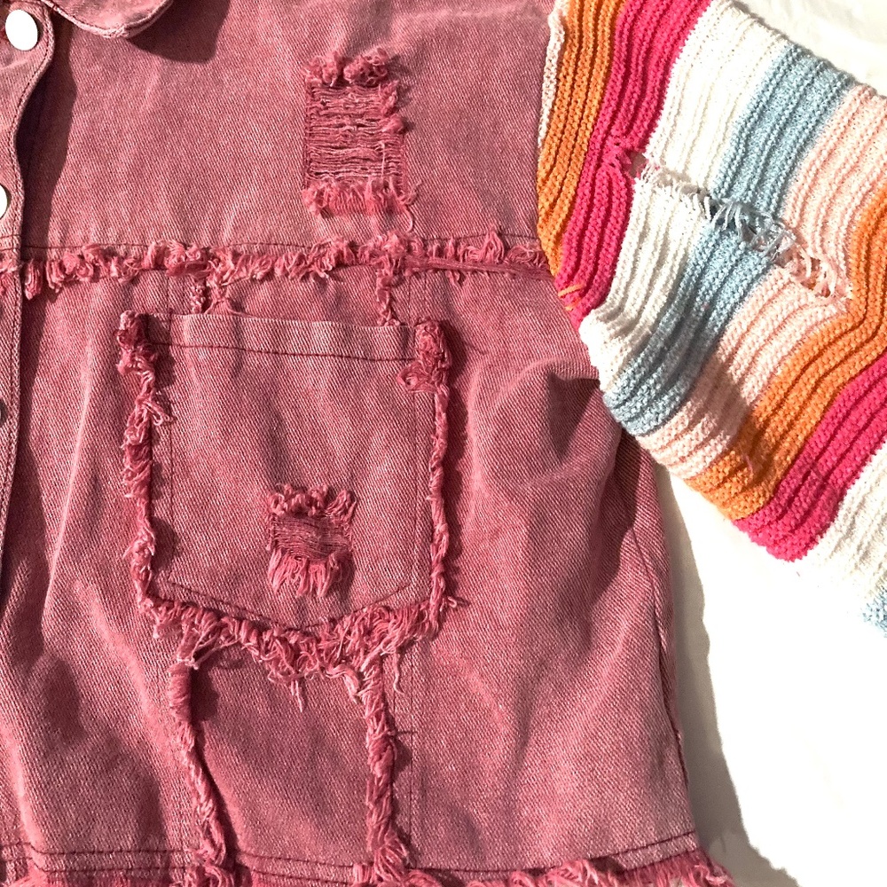EUC Vintage Boho Distressed Denim and Crochet Jacket - Picture 4 of 9